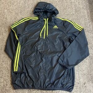 Adidas Men's Windbreaker Jacket Pullover Large Blue 1/4 Zip Hoodie Drawstring